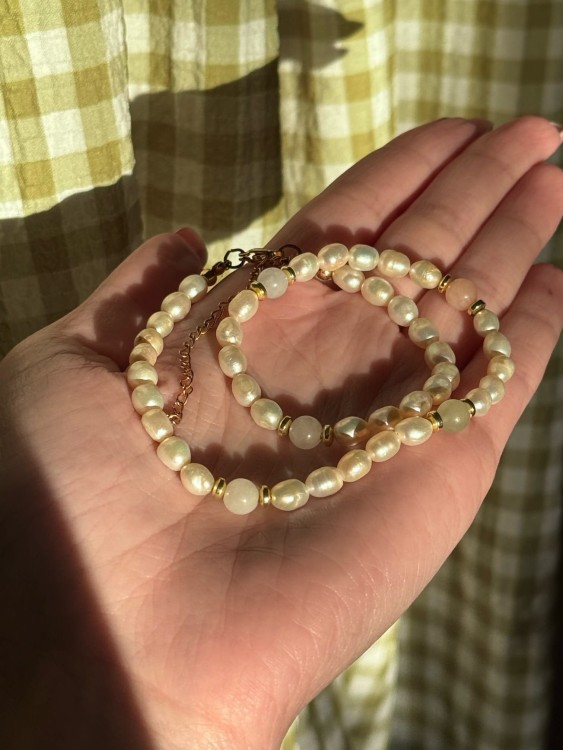 NASZYJNIK JASMINE NATURALNE PERŁY HEMATYT I MORGANIT