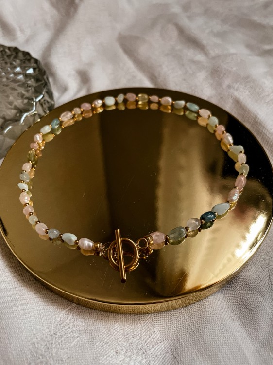 NASZYJNIK Z PERŁAMI I MORGANITEM PERLINE NIEREGULARNE KORALIKI CHOCKER