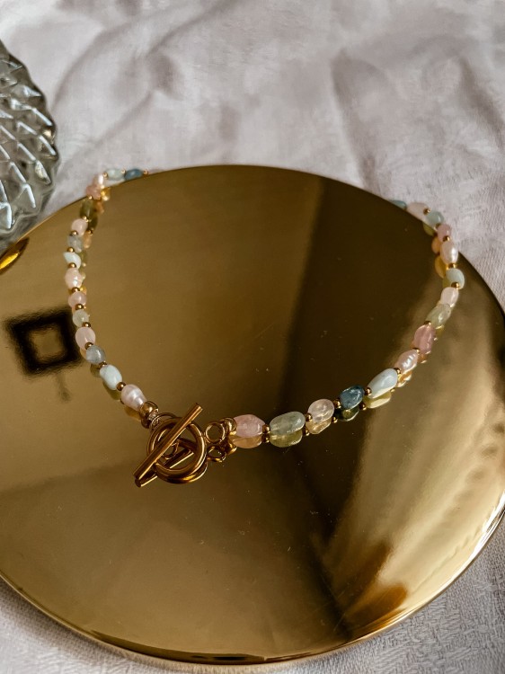 NASZYJNIK Z PERŁAMI I MORGANITEM PERLINE NIEREGULARNE KORALIKI CHOCKER 1