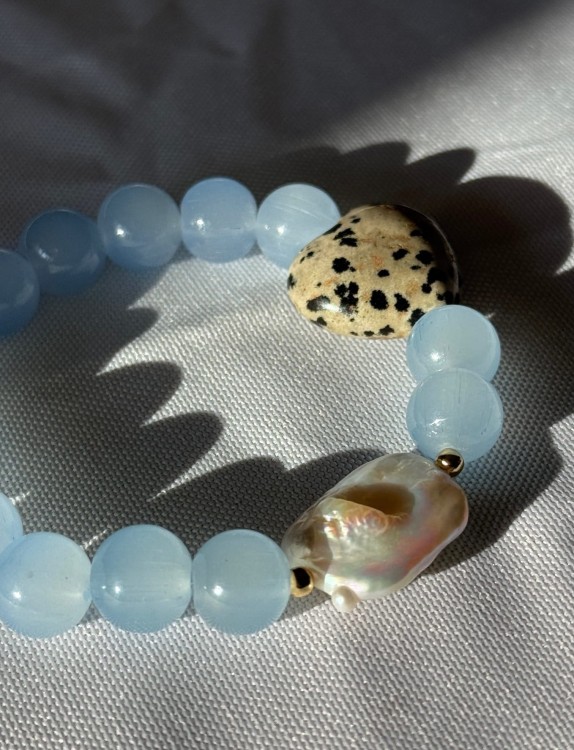 BRANSOLETKA AURA HEART SERCE Z JASPISU DALMATYŃSKIEGO NATURALNA PERŁA